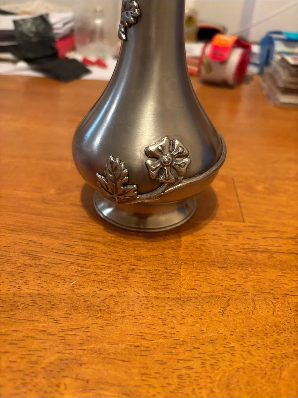 1971 King’s Pewter Thailand Floral Design Bud Vase 9.5” Tall